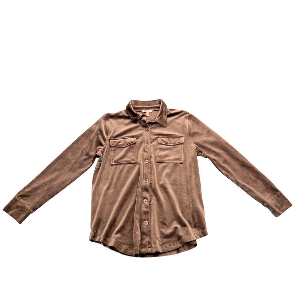 Cable & Gauge Sport Womens Small Brown Velour Button Down Long Sleeve Shirt Top